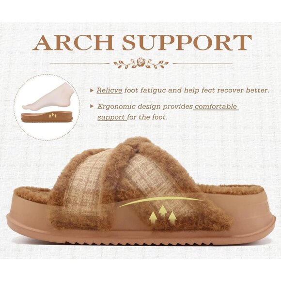 Women's Brown Fuzzy Furry Faux Fur Cross Band Arch Open Slippers Slides Shoes - Picture 4 of 8